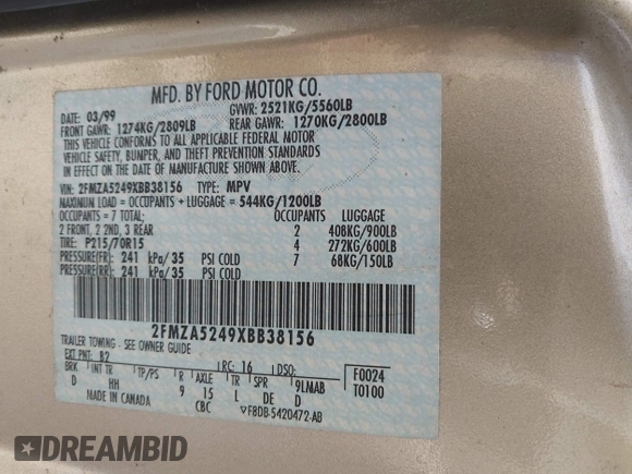 1999 Ford Windstar SE z VIN 2FMZA5249XBB38156, wystawiony jako IAAI lot #42044714 z przebiegiem 199 285 mil mil oraz . Historia ofert i sprzedaży dostępna na DreamBid. Obrazek 9.