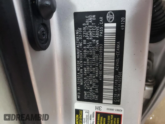 2009 Toyota Camry with VIN 4T4BE46K29R049993, listed as a Copart auction lot 45379805 with 158,145 mi miles and Salvage Title. Bid and sale history available at carsss.com. Image 12.