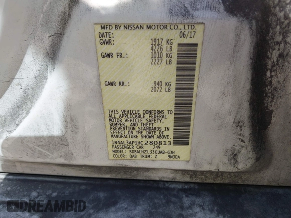 2017 Nissan Altima SR with VIN 1N4AL3AP1HC280813, listed as a IAAI auction lot 41879263 with 148,644 mi miles and . Bid and sale history available at carsss.com. Image 9.