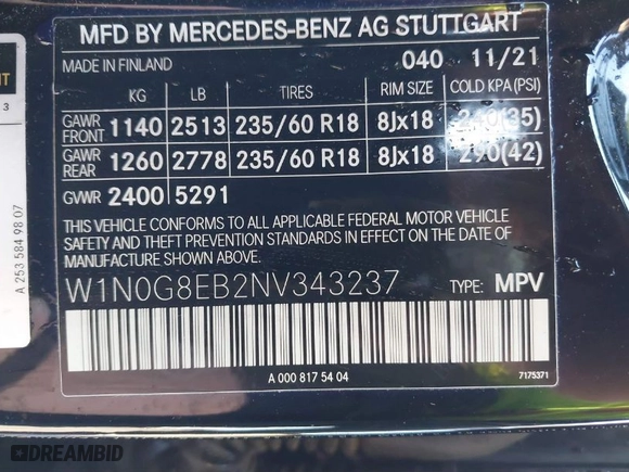 2022 Mercedes-Benz GLC with VIN W1N0G8EB2NV343237, listed as a IAAI auction lot 41639586 with 33,580 mi miles. Bid and sale history available at carsss.com. Image 9.