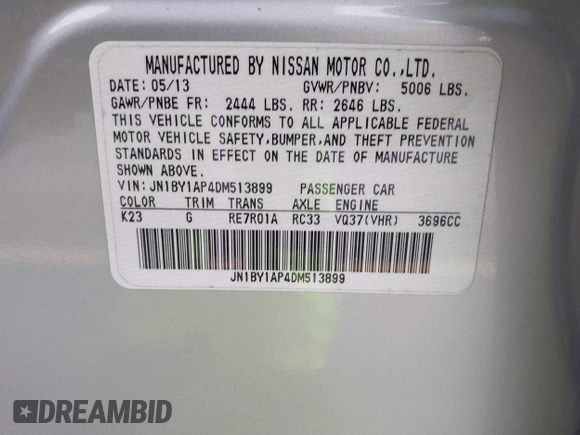 2013 Infiniti M with VIN JN1BY1AP4DM513899, listed as a IAAI auction lot 41854573 with 202,480 mi miles and . Bid and sale history available at carsss.com. Image 9.