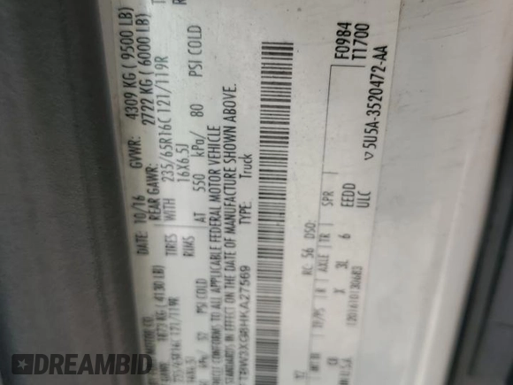 2017 Ford Transit Cargo with VIN 1FTBW3XG8HKA27569, listed as a Copart auction lot 41877665 with 207,932 mi miles and Salvage Title. Bid and sale history available at carsss.com. Image 13.