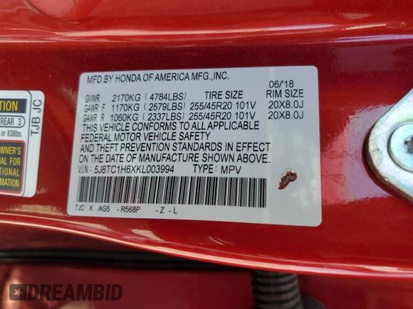 2019 Acura RDX w/A-Spec Pkg with VIN 5J8TC1H6XKL003994, listed as a Copart auction lot 59042135 with 122,227 mi miles and Salvage title. Bid and sale history available at DreamBid. Image 14.