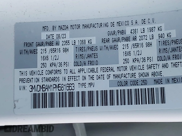 2023 Mazda CX-30 S с VIN 3MVDMBAM1PM581663, выставлен на аукционе IAAI как лот 41040122 с пробегом 13 916 миль миль и . История ставок и продаж доступна на DreamBid. Изображение 9.
