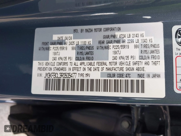2024 Mazda CX-5 S Carbon Edition with VIN JM3KFBCL3R0505477, listed as a IAAI auction lot 42245851 with 17,954 mi miles and . Bid and sale history available at DreamBid. Image 9.