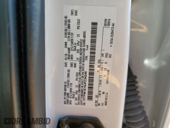 2018 Ford F-150 XL with VIN 1FTFW1E18JFC54246, listed as a Copart auction lot 60468305 with 89,814 mi miles and Salvage title. Bid and sale history available at DreamBid. Image 12.
