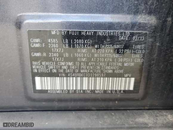 2013 Subaru Outback 2.5i Limited with VIN 4S4BRBKC0D3298597, listed as a Copart auction lot 48003955 with 186,606 mi miles and Clean Title. Bid and sale history available at carsss.com. Image 12.