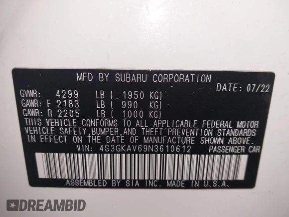 2022 Subaru Impreza Premium with VIN 4S3GKAV69N3610612, listed as a IAAI auction lot 41593844 with 15,777 mi miles and . Bid and sale history available at DreamBid. Image 9.