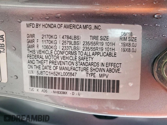 2019 Acura RDX Technology with VIN 5J8TC1H52KL006847, listed as a Copart auction lot 45868165 with 110,566 mi miles and Clean title. Bid and sale history available at DreamBid. Image 14.