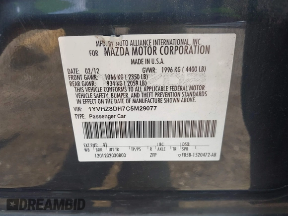 2012 Mazda 6 i Touring with VIN 1YVHZ8DH7C5M29077, listed as a IAAI auction lot 42236370 with 193,258 mi miles and . Bid and sale history available at DreamBid. Image 9.