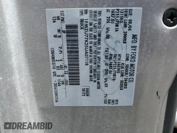 2005 Ford Explorer Sport Trac XLS with VIN 1FMZU77K25UA07118, listed as a Copart auction lot 54267095 with 170,197 mi miles and Salvage title. Bid and sale history available at DreamBid. Image 14.