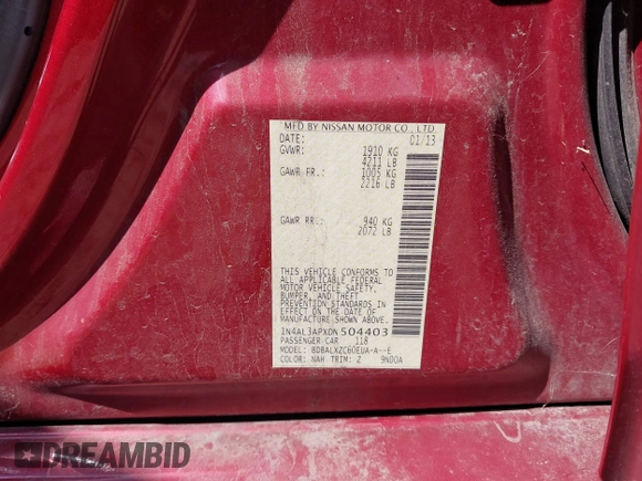 2013 Nissan Altima SV with VIN 1N4AL3APXDN504403, listed as a IAAI auction lot 42541551 with 215,789 mi miles and . Bid and sale history available at DreamBid. Image 9.