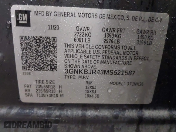 2021 Chevrolet Blazer LT with VIN 3GNKBJR43MS521587, listed as a IAAI auction lot 41176769 with 48,591 mi miles and . Bid and sale history available at DreamBid. Image 9.
