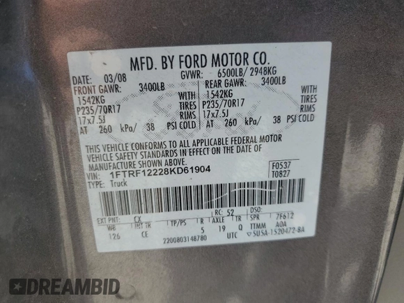2008 Ford F-150 XL with VIN 1FTRF12228KD61904, listed as a Copart auction lot 52964945 with 167,453 mi miles and Salvage Title. Bid and sale history available at carsss.com. Image 12.