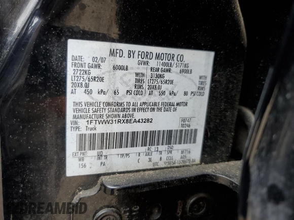 2008 Ford F-350 XL z VIN 1FTWW31RX8EA43282, wystawiony jako Copart lot #57851295 z przebiegiem 189 127 mil mil oraz Szkoda całkowita • Salvage title. Historia ofert i sprzedaży dostępna na DreamBid. Obrazek 12.
