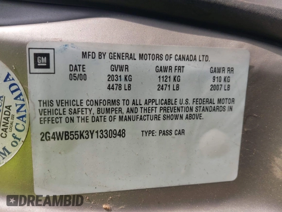 2000 Buick Regal LS with VIN 2G4WB55K3Y1330948, listed as a IAAI auction lot 42151630 with Not Provided miles and . Bid and sale history available at DreamBid. Image 9.