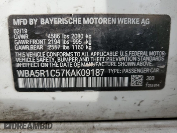 2019 BMW 3 Series 330i with VIN WBA5R1C57KAK09187, listed as a Copart auction lot 45050205 with 0 mi miles and Salvage Title. Bid and sale history available at carsss.com. Image 12.