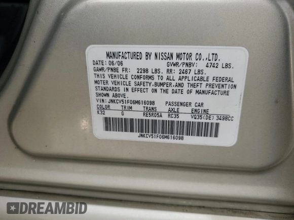 2006 Infiniti G35 with VIN JNKCV51F06M616098, listed as a Copart auction lot 51480515 with 122,212 mi miles and Salvage Title. Bid and sale history available at carsss.com. Image 13.