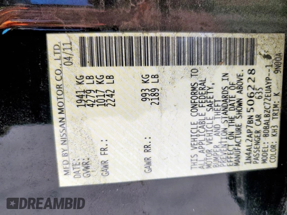 2011 Nissan Altima S with VIN 1N4AL2AP7BN506228, listed as a Copart auction lot 59984265 with 133,794 mi miles and Salvage title. Bid and sale history available at DreamBid. Image 13.