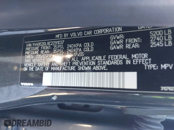 2012 Volvo XC60 3.2L with VIN YV4952DL8C2291037, listed as a IAAI auction lot 41683215 with 170,000 mi miles and . Bid and sale history available at DreamBid. Image 9.