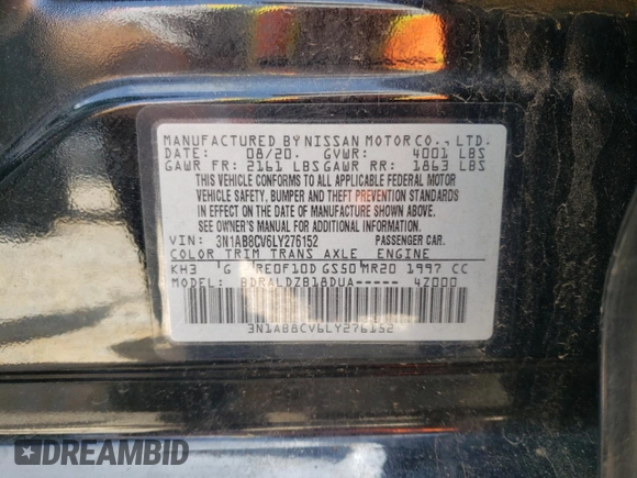 2020 Nissan Sentra SV with VIN 3N1AB8CV6LY276152, listed as a Copart auction lot 48874725 with 65,481 mi miles and Salvage Title. Bid and sale history available at carsss.com. Image 14.