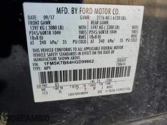 2017 Ford Explorer z VIN 1FM5K7B84HGD99862, wystawiony jako Copart lot #56665845 z przebiegiem 93 788 mil mil oraz Szkoda całkowita • Salvage title. Historia ofert i sprzedaży dostępna na DreamBid. Obrazek 14.