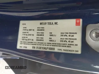 2018 Tesla Model 3 Long Range Battery z VIN 5YJ3E1EA6JF160859, wystawiony jako IAAI lot #42149636 z przebiegiem 81 159 mil mil oraz . Historia ofert i sprzedaży dostępna na DreamBid. Obrazek 9.