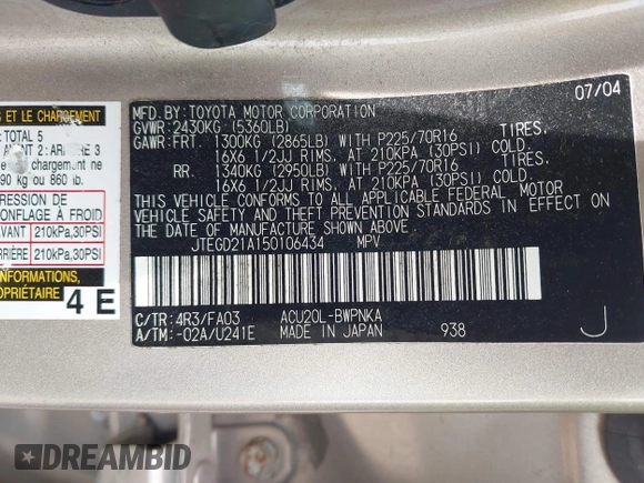 2005 Toyota Highlander with VIN JTEGD21A150106434, listed as a IAAI auction lot 42500793 with 196,501 mi miles and . Bid and sale history available at DreamBid. Image 9.