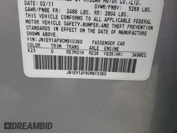 2012 Infiniti M Hybrid with VIN JN1EY1AP9CM910360, listed as a Copart auction lot 80273314 with 121,217 mi miles and Clean title. Bid and sale history available at DreamBid. Image 12.