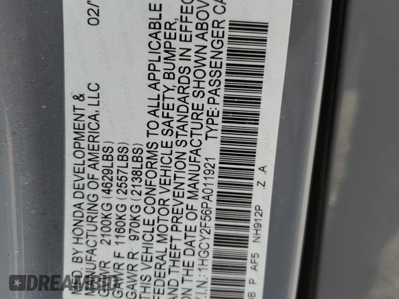 2023 Honda Accord Sport с VIN 1HGCY2F56PA011921, выставлен на аукционе Copart как лот 52381295 с пробегом 32 287 миль миль и Списание • Salvage title. История ставок и продаж доступна на DreamBid. Изображение 13.