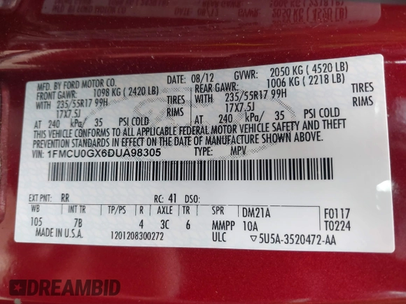 2013 Ford Escape SE with VIN 1FMCU0GX6DUA98305, listed as a IAAI auction lot 42389841 with 109,484 mi miles and . Bid and sale history available at DreamBid. Image 9.