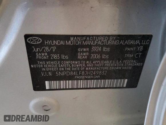 2018 Hyundai Elantra SEL with VIN 5NPD84LF8JH249832, listed as a Copart auction lot 53892665 with 38,809 mi miles and Salvage Title. Bid and sale history available at DreamBid. Image 12.
