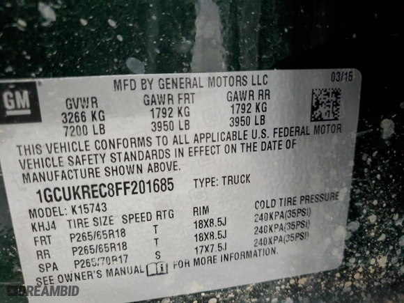 2015 Chevrolet Silverado 1500 LT with VIN 1GCUKREC8FF201685, listed as a Copart auction lot 68015184 with 188,203 mi miles and Salvage Title. Bid and sale history available at carsss.com. Image 12.
