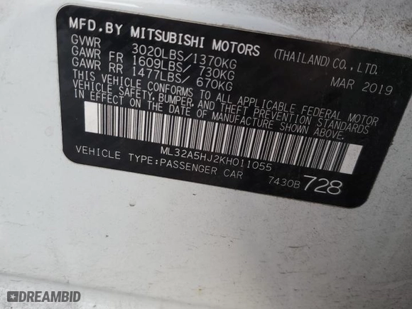 2019 Mitsubishi Mirage GT with VIN ML32A5HJ2KH011055, listed as a Copart auction lot 87843245 with 51192 miles and Salvage Title. Bid and sale history available at carsss.com. Image 12.