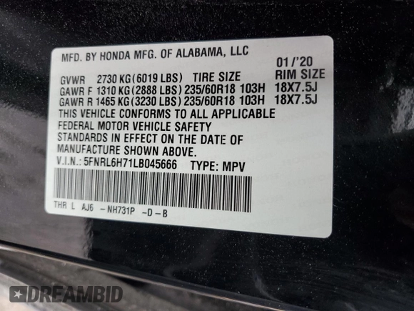 2020 Honda Odyssey EX-L с VIN 5FNRL6H71LB045666, выставлен на аукционе Copart как лот 57064755 с пробегом 85 151 миль миль и На запчасти • Non repairable. История ставок и продаж доступна на DreamBid. Изображение 13.