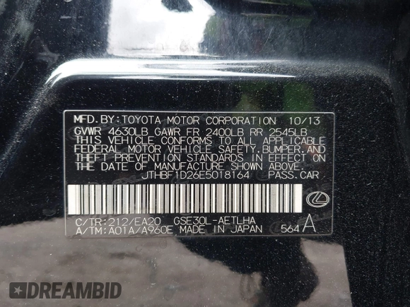 2014 Lexus IS 250 with VIN JTHBF1D26E5018164, listed as a IAAI auction lot 42373336 with 117,845 mi miles and . Bid and sale history available at DreamBid. Image 9.