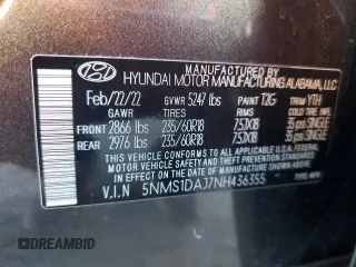 2022 Hyundai Santa Fe SE with VIN 5NMS1DAJ7NH436355, listed as a Copart auction lot 82812213 with 31,020 mi miles and . Bid and sale history available at DreamBid. Image 13.