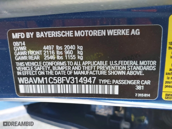 2015 BMW X1 sDrive28i with VIN WBAVM1C58FV314947, listed as a IAAI auction lot 41874472 with 128,271 mi miles. Bid and sale history available at carsss.com. Image 9.