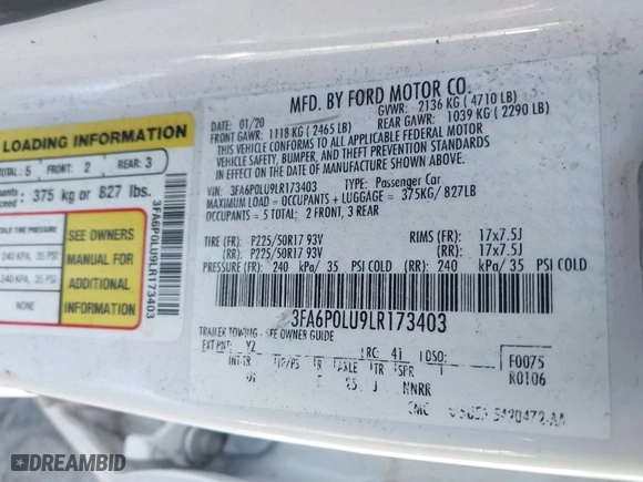 2020 Ford Fusion Hybrid SE with VIN 3FA6P0LU9LR173403, listed as a IAAI auction lot 41596304 with 106,111 mi miles. Bid and sale history available at carsss.com. Image 9.