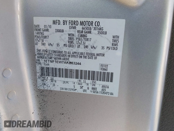 2010 Ford F-150 XL with VIN 1FTMF1EW7AKB83244, listed as a IAAI auction lot 42074794 with 110,320 mi miles and . Bid and sale history available at DreamBid. Image 9.