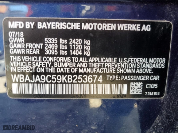 2019 BMW 5 Series 530e iPerformance with VIN WBAJA9C59KB253674, listed as a Copart auction lot 46368915 with 79,113 mi miles and Salvage Title. Bid and sale history available at carsss.com. Image 12.