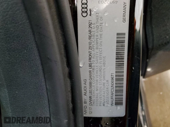 2018 Audi S6 Premium Plus z VIN WAUFFAFC3JN069671, wystawiony jako Copart lot #86125084 z przebiegiem Nie podano mil oraz Szkoda całkowita • Salvage title. Historia ofert i sprzedaży dostępna na DreamBid. Obrazek 13.