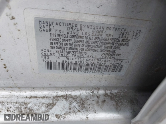 2019 Nissan Sentra SV with VIN 3N1AB7AP7KY230875, listed as a IAAI auction lot 41858439 with 73,035 mi miles and . Bid and sale history available at DreamBid. Image 9.