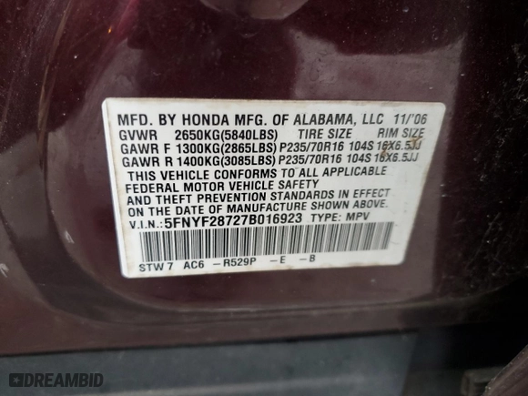 2007 Honda Pilot EX-L with VIN 5FNYF28727B016923, listed as a Copart auction lot 86657734 with 94,301 mi miles and Salvage Title. Bid and sale history available at carsss.com. Image 15.