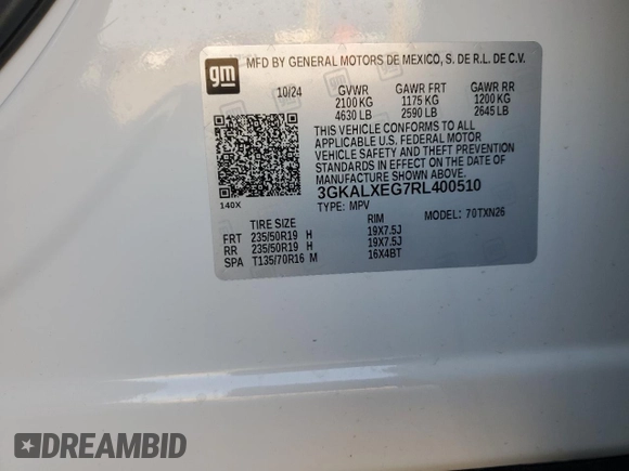 2024 GMC Terrain Denali with VIN 3GKALXEG7RL400510, listed as a Copart auction lot 53283645 with 4,870 mi miles and Salvage title. Bid and sale history available at DreamBid. Image 13.