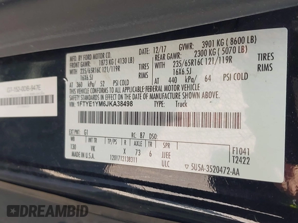 2018 Ford Transit with VIN 1FTYE1YM6JKA38498, listed as a IAAI auction lot 42522740 with 117,220 mi miles and . Bid and sale history available at DreamBid. Image 9.
