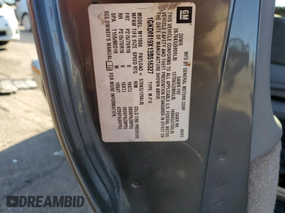 2003 GMC Safari z VIN 1GKDM19X13B516327, wystawiony jako Copart lot #83827794 z przebiegiem 200 280 mil mil oraz Szkoda całkowita • Salvage title. Historia ofert i sprzedaży dostępna na DreamBid. Obrazek 15.
