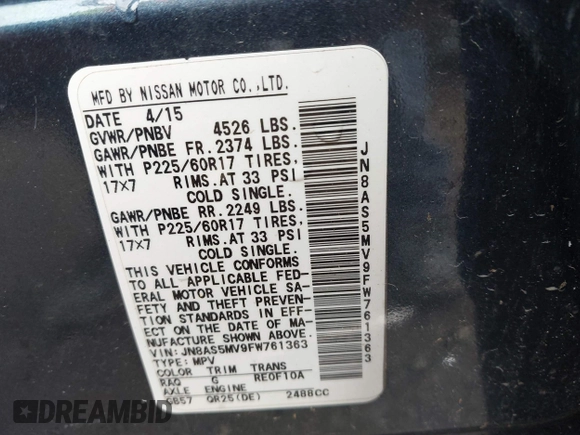 2015 Nissan Rogue S with VIN JN8AS5MV9FW761363, listed as a IAAI auction lot 42146013 with 171,363 mi miles and . Bid and sale history available at DreamBid. Image 9.