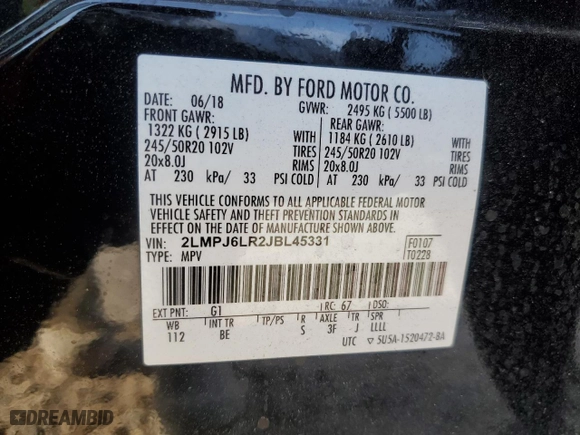 2018 Lincoln MKX Reserve with VIN 2LMPJ6LR2JBL45331, listed as a Copart auction lot 53097055 with 51,082 mi miles and Salvage Title. Bid and sale history available at carsss.com. Image 14.