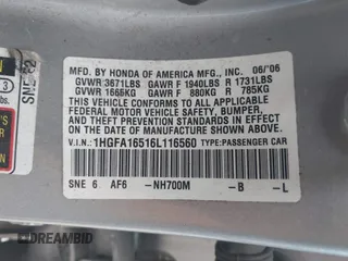2006 Honda Civic LX with VIN 1HGFA16516L116560, listed as a IAAI auction lot 42145668 with Not Provided miles and . Bid and sale history available at DreamBid. Image 9.